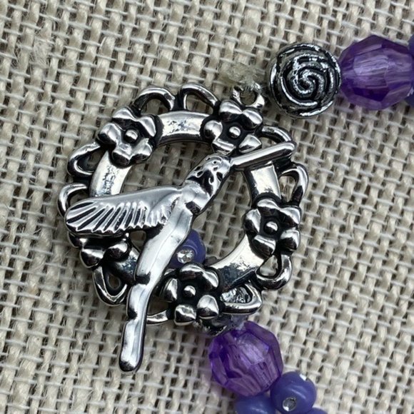 Hummingbird Toggle Bracelet 8 In Purple Silver Flowers Sparkle Faceted Retro - Picture 2 of 11